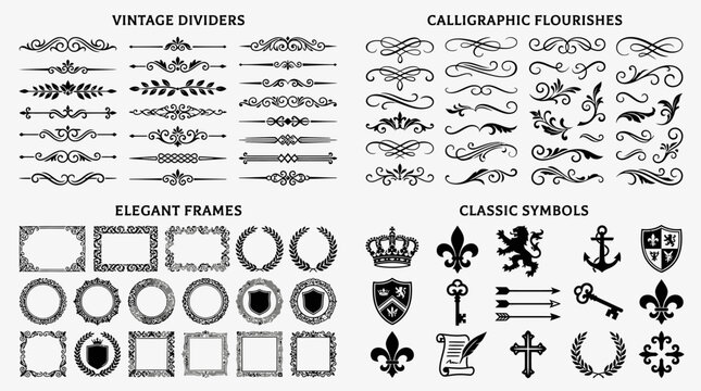 Set of Vintage Ornamental Design Elements including Calligraphic Flourishes, Elegant Decorative Frames, Classic Heraldry Symbols, and Dividers for Invitation and Stationery Design Layouts