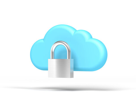 Blue cloud symbol and padlock. Icon. Cloud computing. Security. 3d illustration.