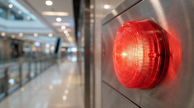 Red emergency fire alarm strobe light mounted on wall in modern shopping mall corridor with blurred background for public safety building alert and fire prevention monitoring