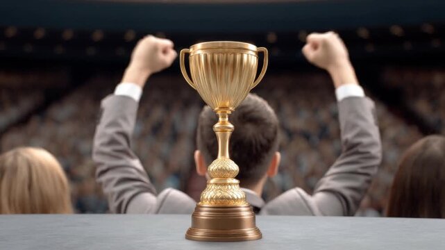 Golden trophy cup on wooden base placed in front of blurred audience in stadium to symbolize achievement, success, victory, and winning award concept