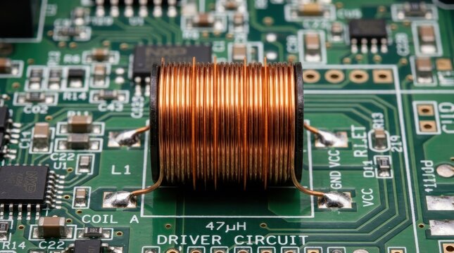Close-up view of a copper wire inductor coil component on a green electronic circuit board
