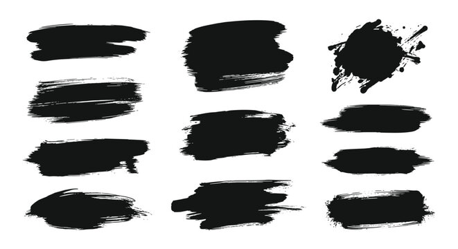 Black ink splats and grunge brush strokes textures set, creative design elements isolated on white.