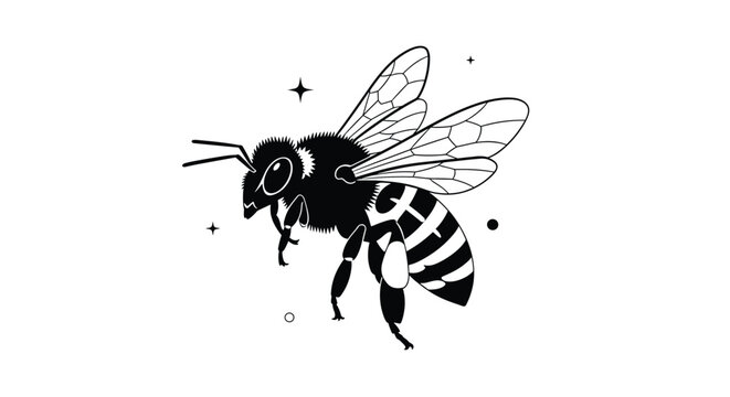 Detailed hand drawn bee black and white line art illustration, organic honey and nature conservation concept.