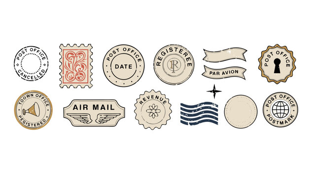 Vintage Circular Postal Postmark Cancellation Stamps in a Row Flat Vector Illustration Old Badges and Stamps Kit Set with Double-Ring Town Postmark Airmail Label and Registered Mail Seal Isolated Coll