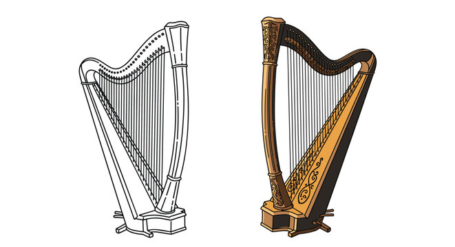 Classical musical harp string instrument outline drawing and color vector illustration isolated on white background.