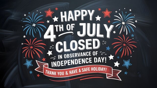 Happy 4th of july closed sign, independence day holiday announcement on chalkboard background with fireworks and stars illustration, festive patriotic greeting card design