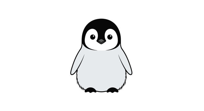 Chubby little baby penguin chick standing straight with small flippers and dark eyes on a solid white background.