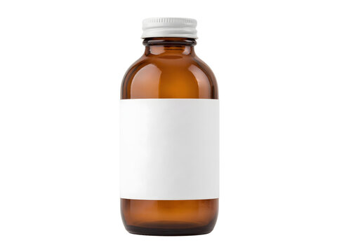 Amber glass bottle with blank white label isolated on transparent background design mockup.