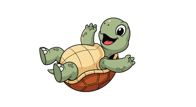 Cute baby green turtle lying on its brown shell and waving happily in an isolated cartoon illustration.