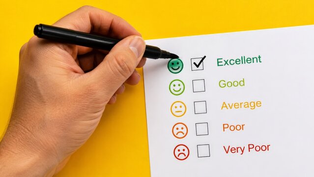 Hand checking excellent box with emoticon on feedback form.