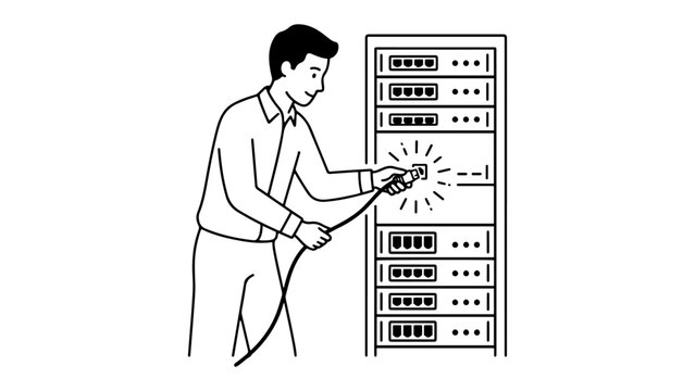 IT technician plugging network cable into server rack during data center maintenance, network admin working next to the rack on white background