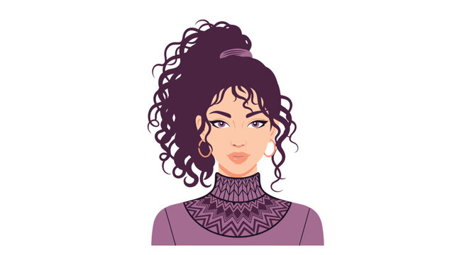 Beautiful vector portrait of a young woman with curly dark hair tied in a high ponytail looking forward.