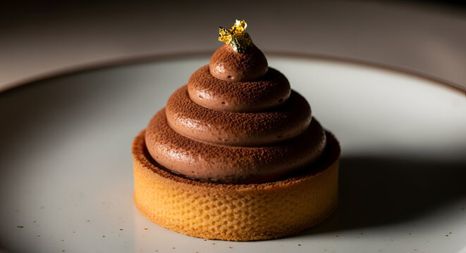 Dark Chocolate Mousse Tart with Edible Gold Leaf
Small Round Chocolate Tart with Spiraled Mousse Topping
Golden Brown Tart Crust Filled with Rich Chocolate Mousse