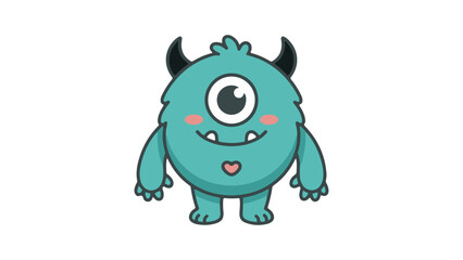 Fototapeta premium cute one-eyed cartoon monster mascot character with heart detail friendly cyclops illustration, simple cartoon monster character with green fur and hear on it's chin on white background