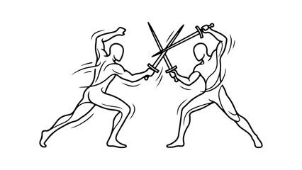 Fototapeta premium two figures sword fighting duel sketch line drawing showing sparring combat and action, two souls persons sword fighting on white background