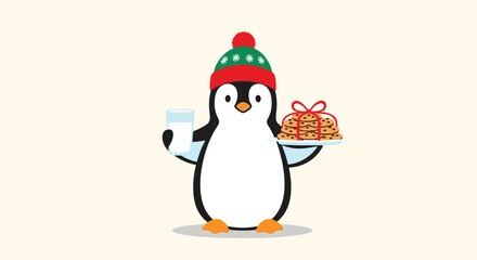 Fototapeta premium Cute cartoon penguin wearing a winter hat and holding a plate of chocolate cookies and a glass of fresh milk.