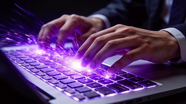 Hands typing on purple glowing keyboard with light effects and dark background