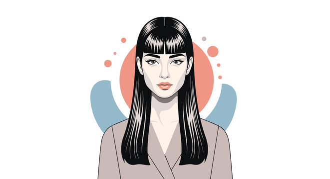 Portrait of a beautiful woman with straight black hair and blunt bangs against a colorful circular background.