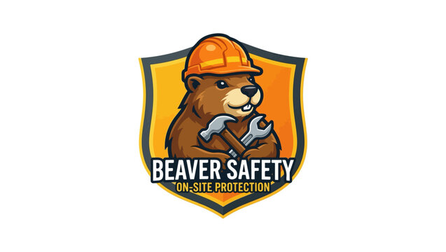 Beaver mascot with shield shape, construction theme, holding tools, strong safety logo, vector flat design, illustration, cartoon, vector, sign, worker, kid, shield logo, Beaver mascot with safety