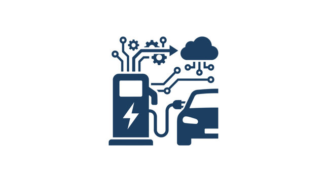 Electric vehicle charging station icon with car and cloud computing symbols