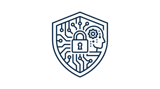 A shield protects a human head with a padlock and circuit board illustration