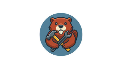 Fototapeta premium Tool Focus Beaver mascot with hammer and wrench close-up, construction tools focus, minimal vector logo, clean flat style, vector, illustration, face, funny, character, holding tools, helmet, circular