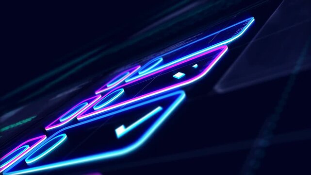 Futuristic digital interface with glowing neon buttons and checkmarks. Represents advanced technology and user interaction in modern applications