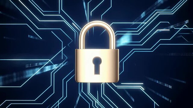 Golden padlock symbolizing digital security and data protection amidst a network of binary code. Essential for cybersecurity and privacy in the digital age
