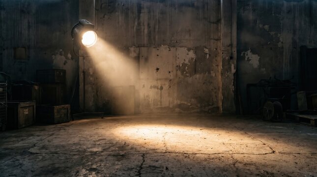 Moody Spotlight in Abandoned Industrial Warehouse with Dusty Atmosphere and Cracked Concrete Floor Background Interior