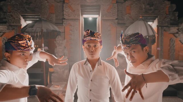 Three Balinese Men in Traditional Dance Pose
