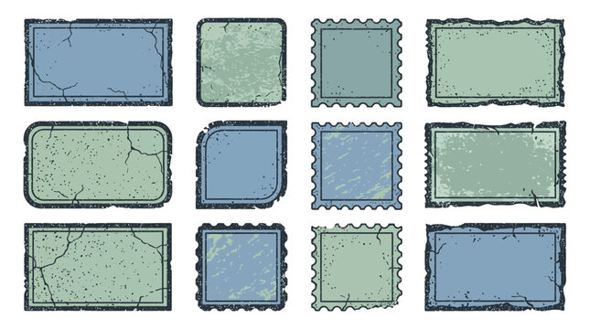 A collection of various vintage postage stamp frames and borders