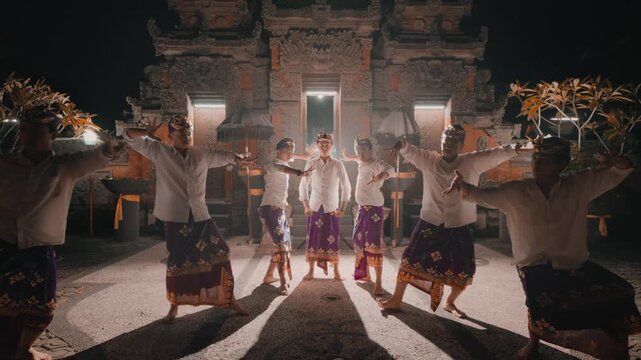 Wide Shot of Balinese Men Performing Group Dance