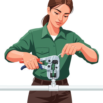 Female Plumber Using PEX Pipe Crimping Tool