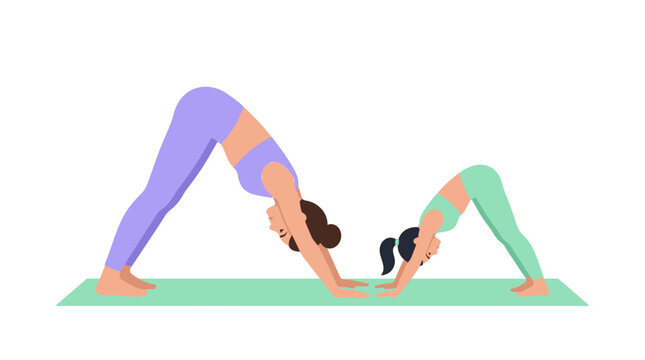 Mother and Daughter Practicing Downward Dog Yoga Pose Vector Illustration

