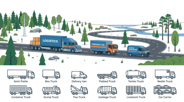 Commercial freight trucks and delivery van set for logistics