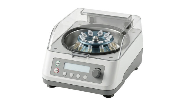 Compact laboratory centrifuge with a clear plastic lid and test tubes, used for scientific research and medical diagnostic separation