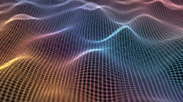 Abstract 3D digital wireframe mesh with pink and blue gradient, undulating grid surface representing terrain or data waves, shallow depth of field, black background.