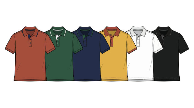 Vector illustration of five colorful men's polo shirts in a row, featuring various collar and placket designs, illustrating fashion design template, representing apparel branding