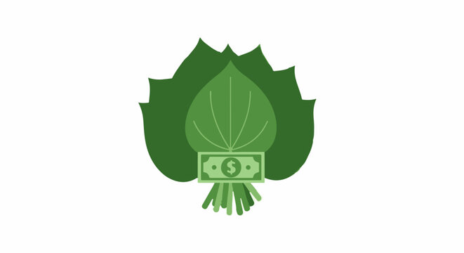 Green cannabis leaves wrapped around money bundle illustration.
