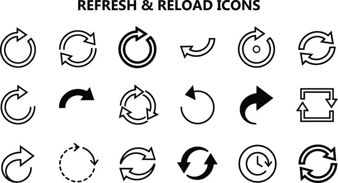 Diverse collection of black minimalist flat vector refresh, reload, and undo arrow icons for web UI.