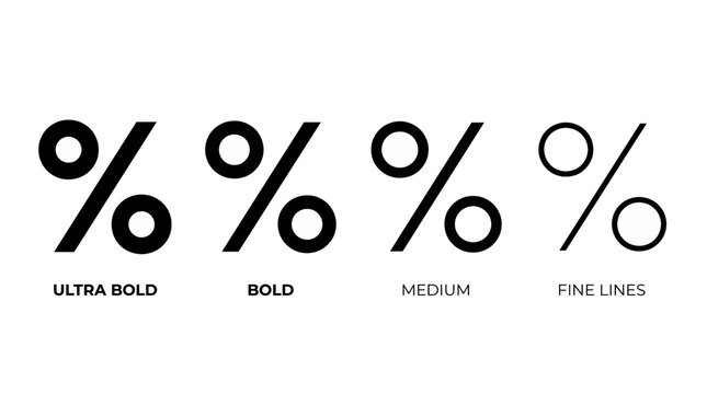 Vector set of four black percentage symbols with varying weights: ultra bold, bold, medium, fine lines on white, Representing financial values and illustrating design options for discount promotions