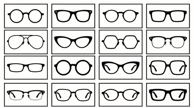 Diverse grid of sixteen distinct black silhouette eyeglass and sunglass frames on a clean white background, symbolizing modern optical fashion trends and representing personal style options