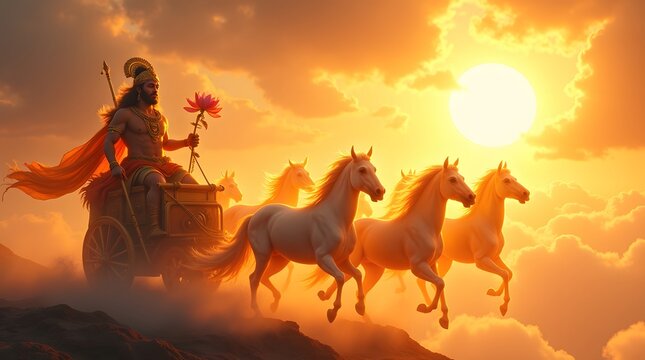 A mythical warrior rides a chariot pulled by white horses during a golden sunset