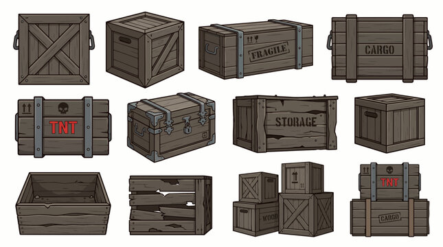 Diverse cartoon wooden crates, boxes and chests with various markings like 'FRAGILE,' 'CARGO,' 'TNT,' and metal details, illustrating gaming assets and shipping logistics