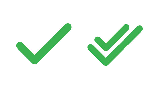 Clean vector illustration showing a single green checkmark and a double checkmark icon on a pure white background, symbolizing positive confirmation and successful digital message delivery status
