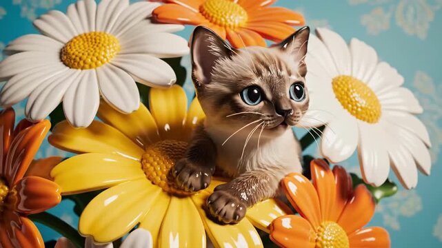 Cute kitten plays and poses among bright flowers in a sunny room
