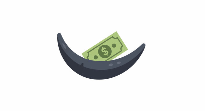 Illustration of money inside crescent moon shape.
