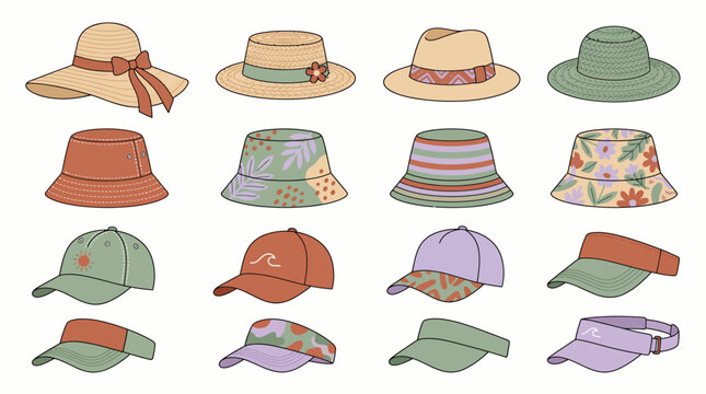 Colorful vector set of various trendy hats, bucket hats, baseball caps and visors with diverse patterns, illustrating fashion accessory trends for summer style and retail