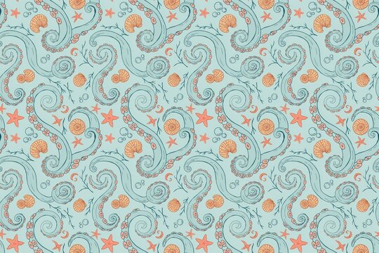 Seamless pattern featuring whimsical octopus tentacles seashells starfish and bubbles on a light blue aquatic background, for ocean themed