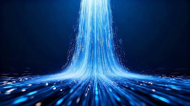 Blue digital data stream cascading downward with glowing particles in dark space